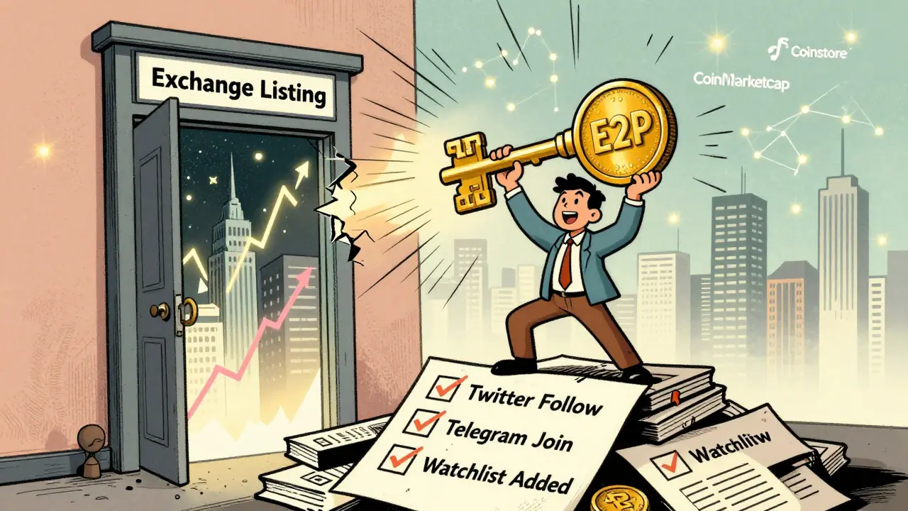 A person holding a giant E2P token key, opening a door to a crypto city with exchange logos in the sky.