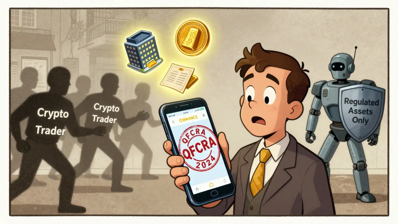 A resident's crypto app is crushed by an official QFCRA stamp as legal tokenized assets glow above.