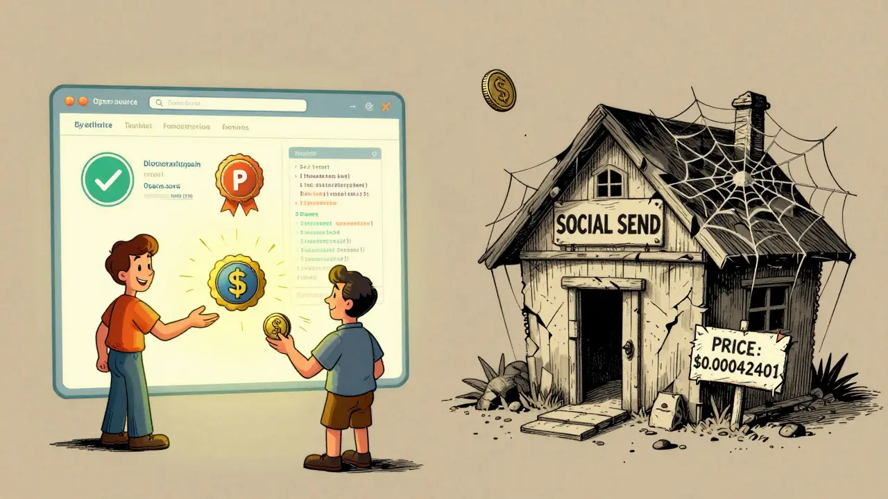 A split scene: a thriving blockchain platform vs. a crumbling 'SOCIAL SEND' shack, drawn in vintage cartoon style.