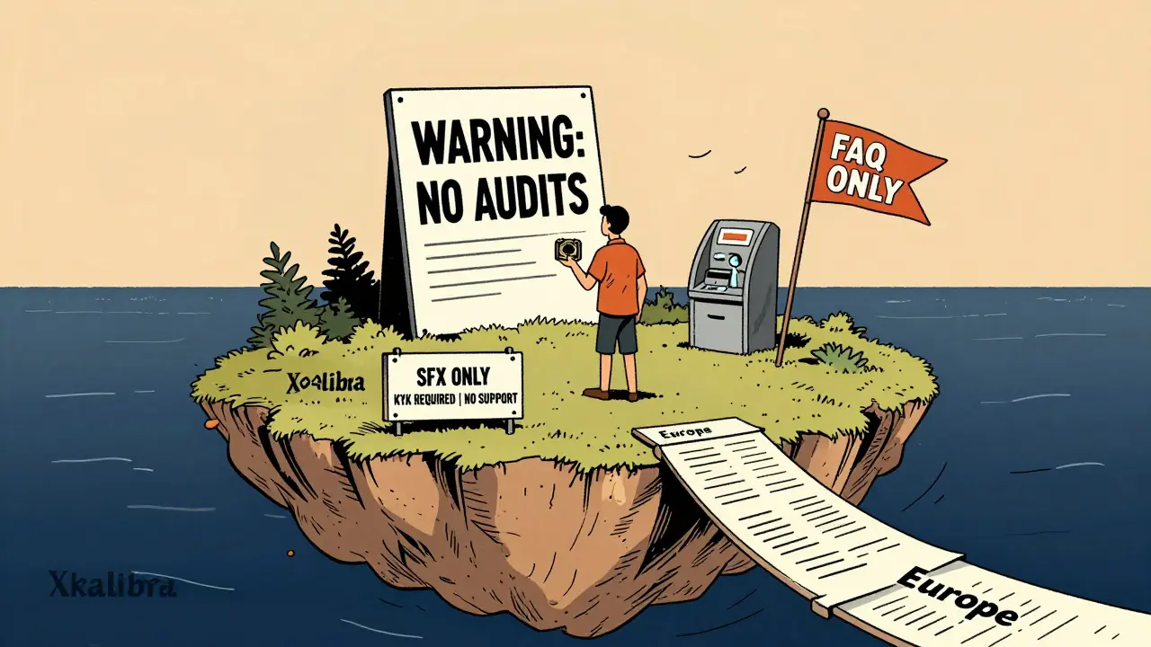A tiny island labeled Xcalibra with a bridge of legal papers to Europe, a lone user holding crypto, and a 'No Audits' warning sign.