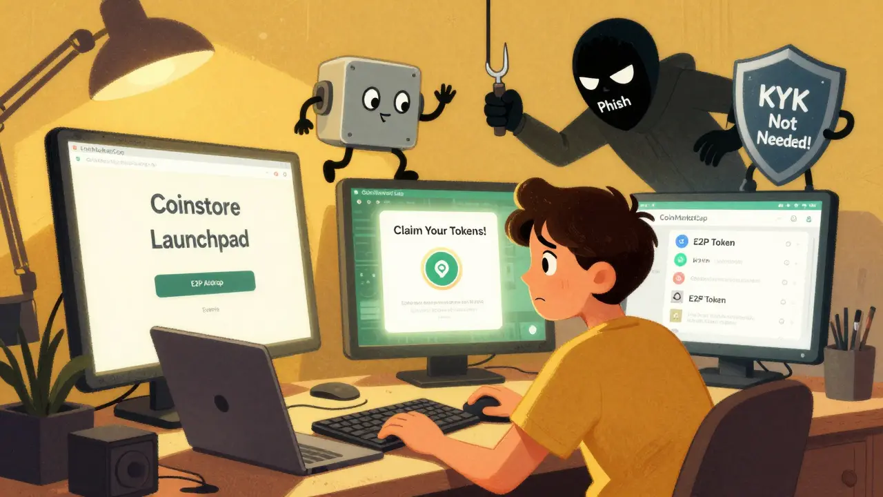 A user at a desk with three screens showing Coinstore, Greenex, and CoinMarketCap, fending off a scammer.