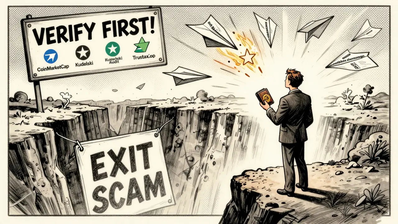 An investor stands at the edge of a pit labeled 'EXIT SCAM' as fake websites burn in the air.