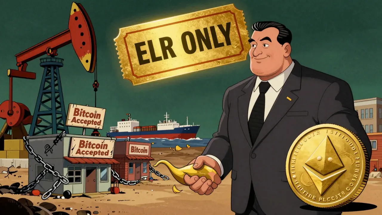 Big oil executive shakes hands with a genie-like Ethereum coin as small businesses are locked behind chains.