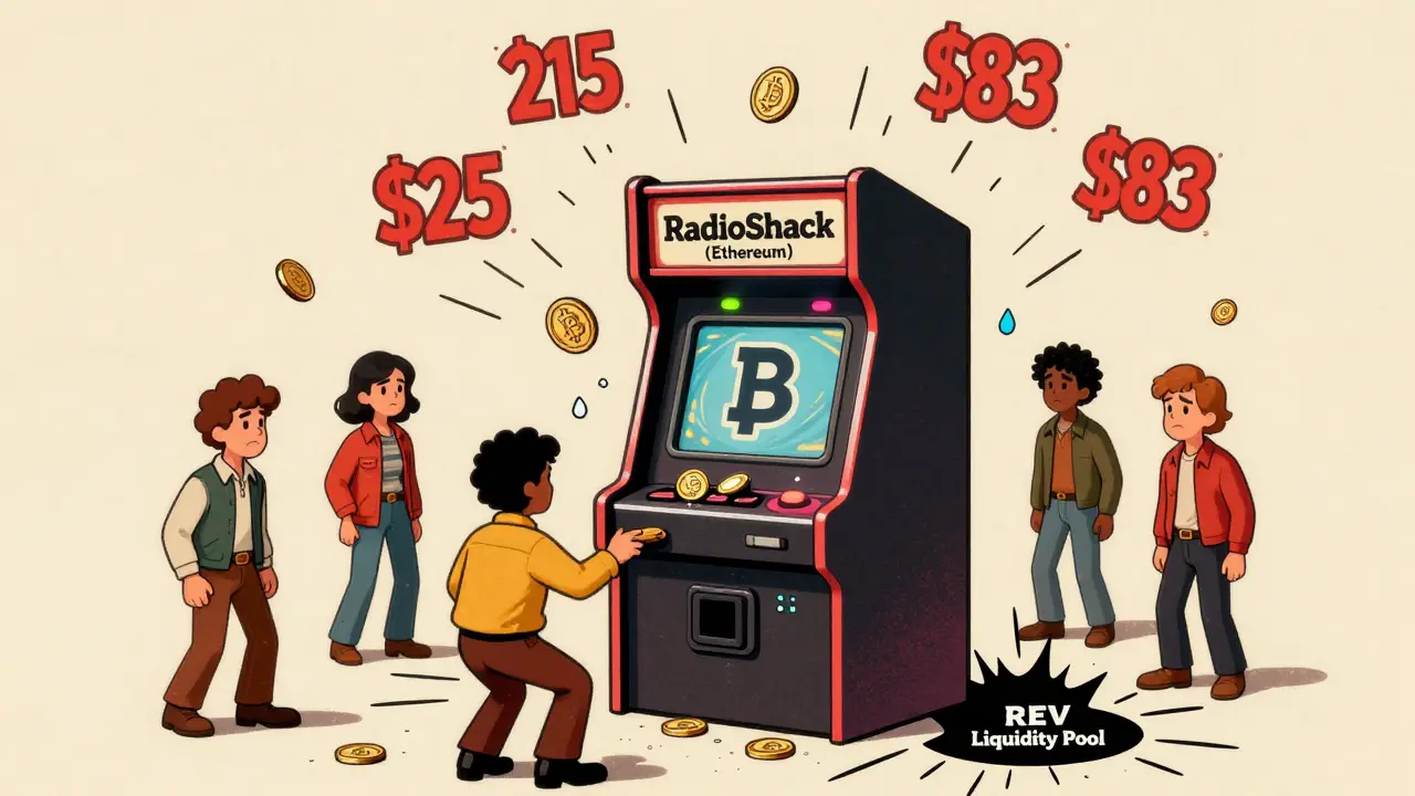 Broken arcade-style crypto exchange with fake volume numbers and users losing ETH to a black hole.