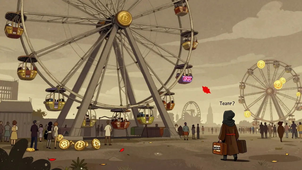 Broken crypto Ferris wheel with only one trading pair spinning, while other DEXs shine brightly.