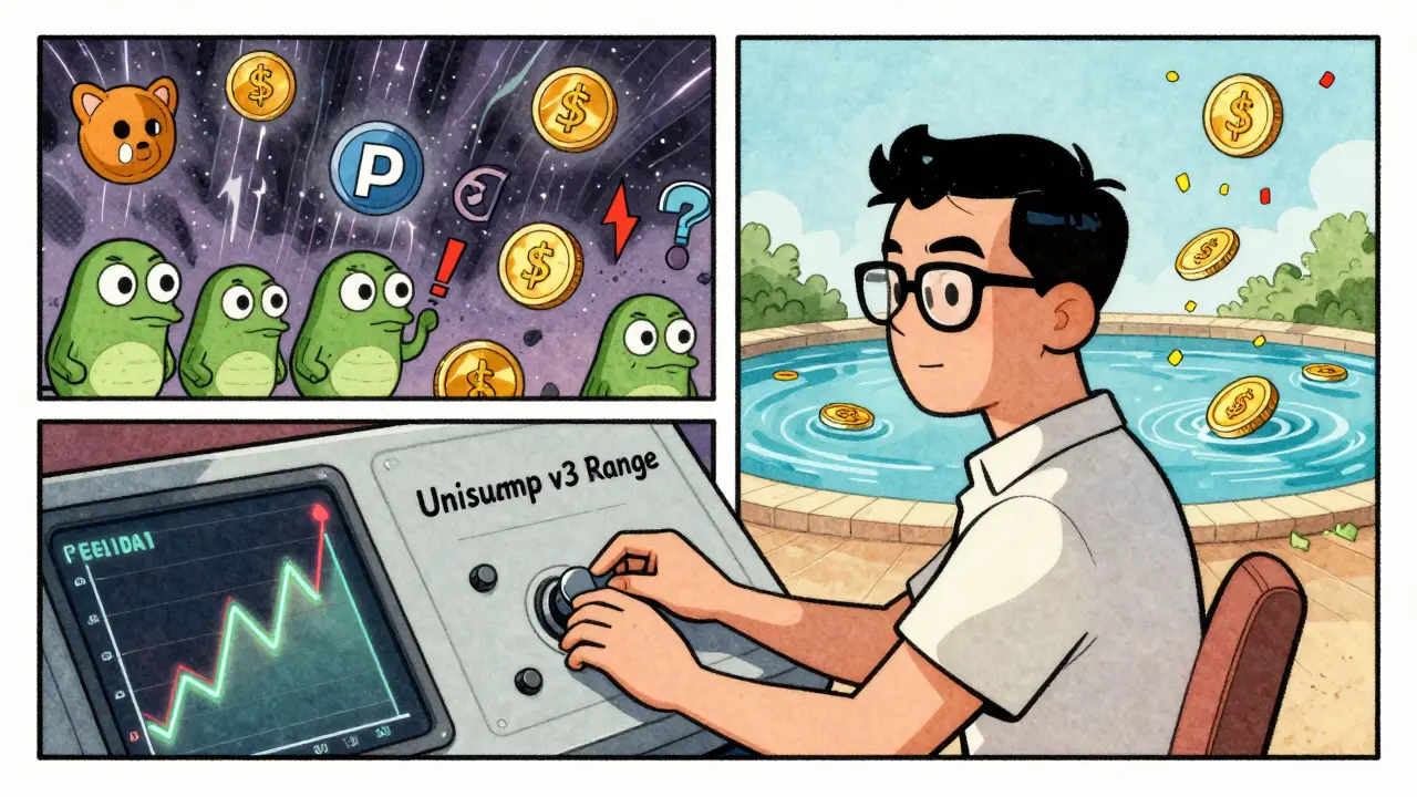 Calm DeFi expert adjusting Uniswap v3 controls while stablecoin pool glows peacefully amid volatile market chaos.