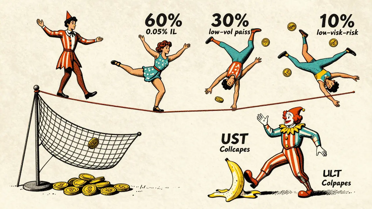 Circus act showing diversified DeFi portfolio: stablecoins on tightrope, volatile tokens juggling, loss clown trying to trip them.