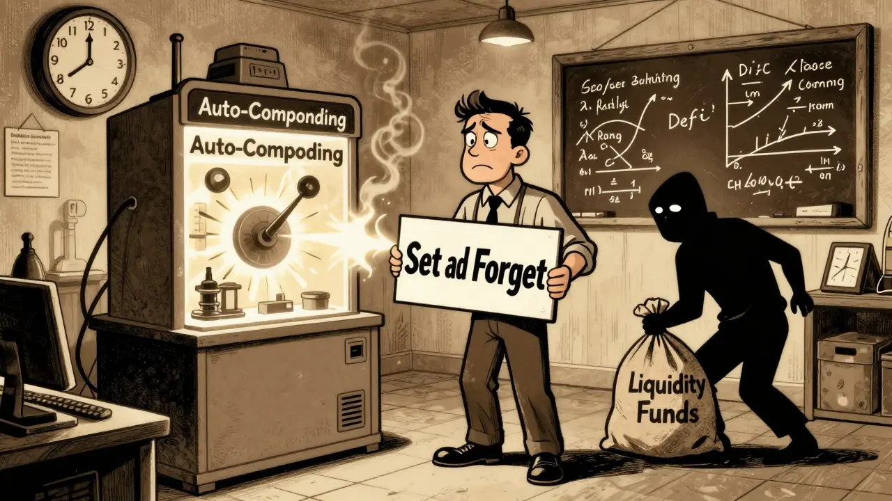Confused trader facing a smoking auto-compounding machine while a hacker steals funds in a DeFi workshop.