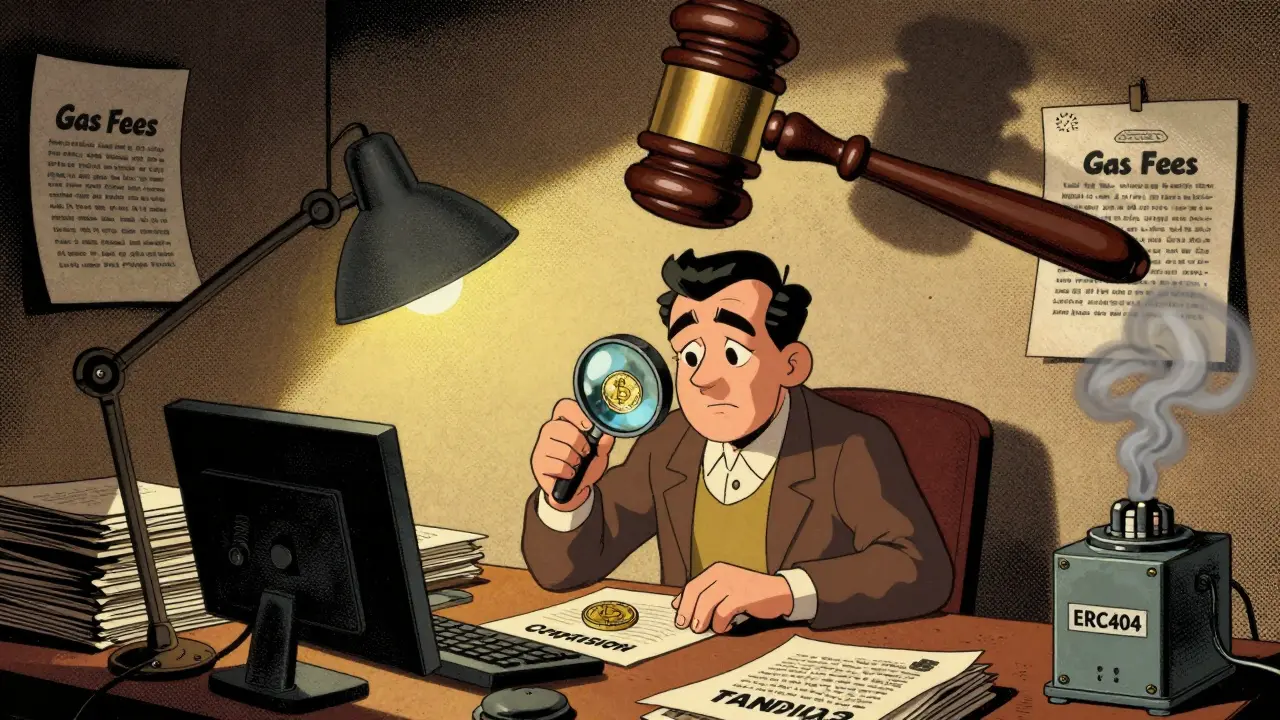 Crypto collector under magnifying glass with regulatory gavel looming over cluttered room.