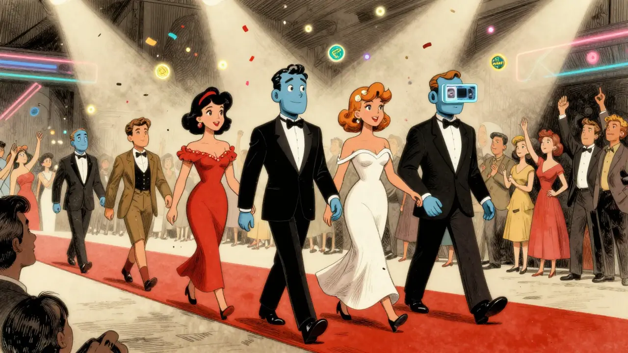 Digital humans walking a red carpet alongside real people, ANTIX tokens falling like confetti.