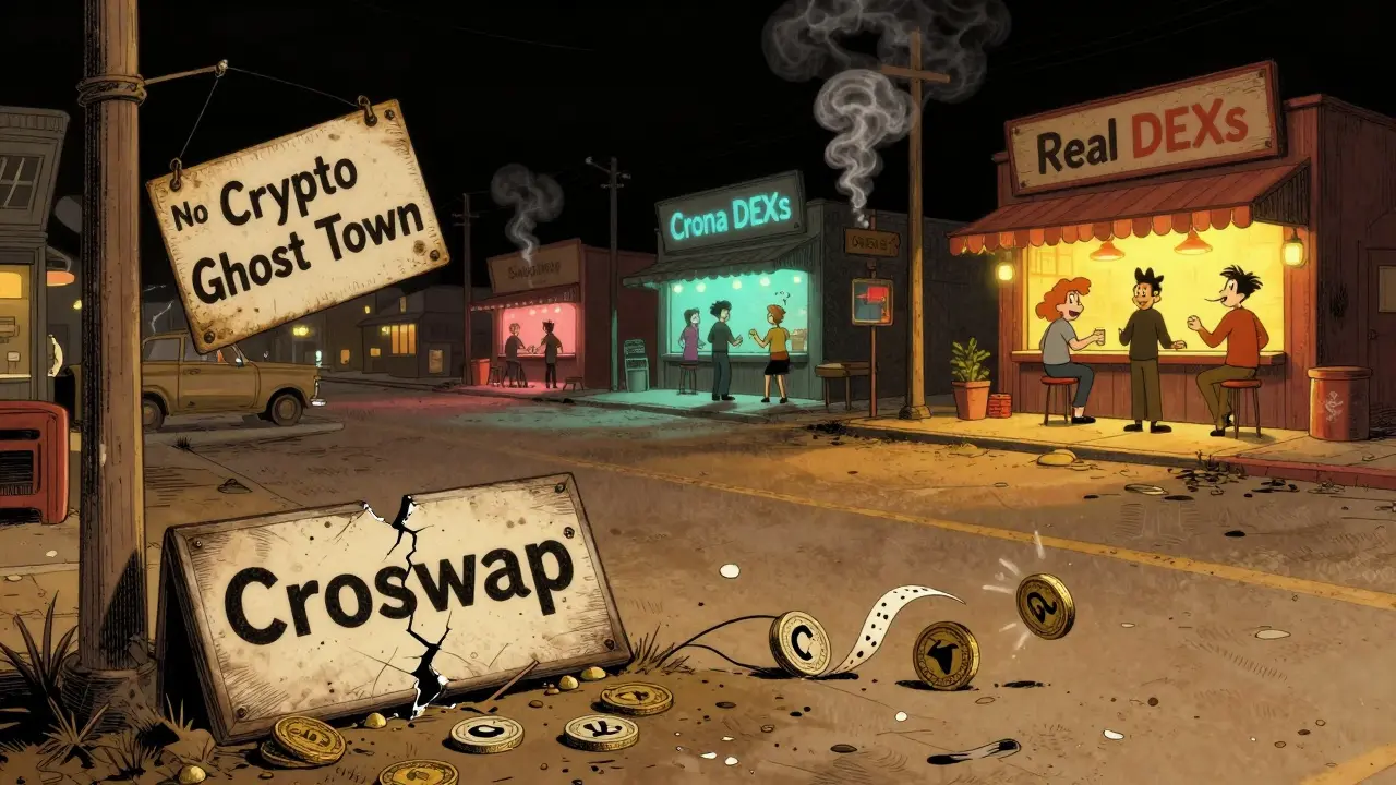 Ghost town with CroSwap sign broken, CROS tokens as tumbleweed, thriving DEXs in distance.
