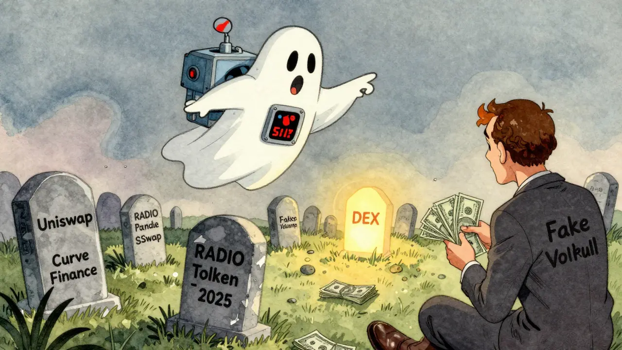 Ghostly RadioShack mascot above a crypto graveyard, pointing to real DEXs while a scammer counts fake money.
