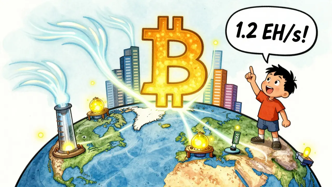 Globe with glowing mining hubs connected by energy streams, topped by a rising Bitcoin symbol.