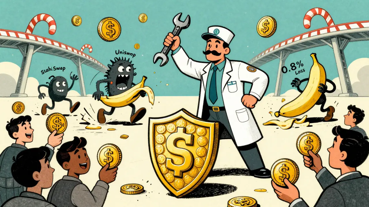 Heroic Curve engineer defeating slippage monsters with a wrench in a cartoon battlefield.