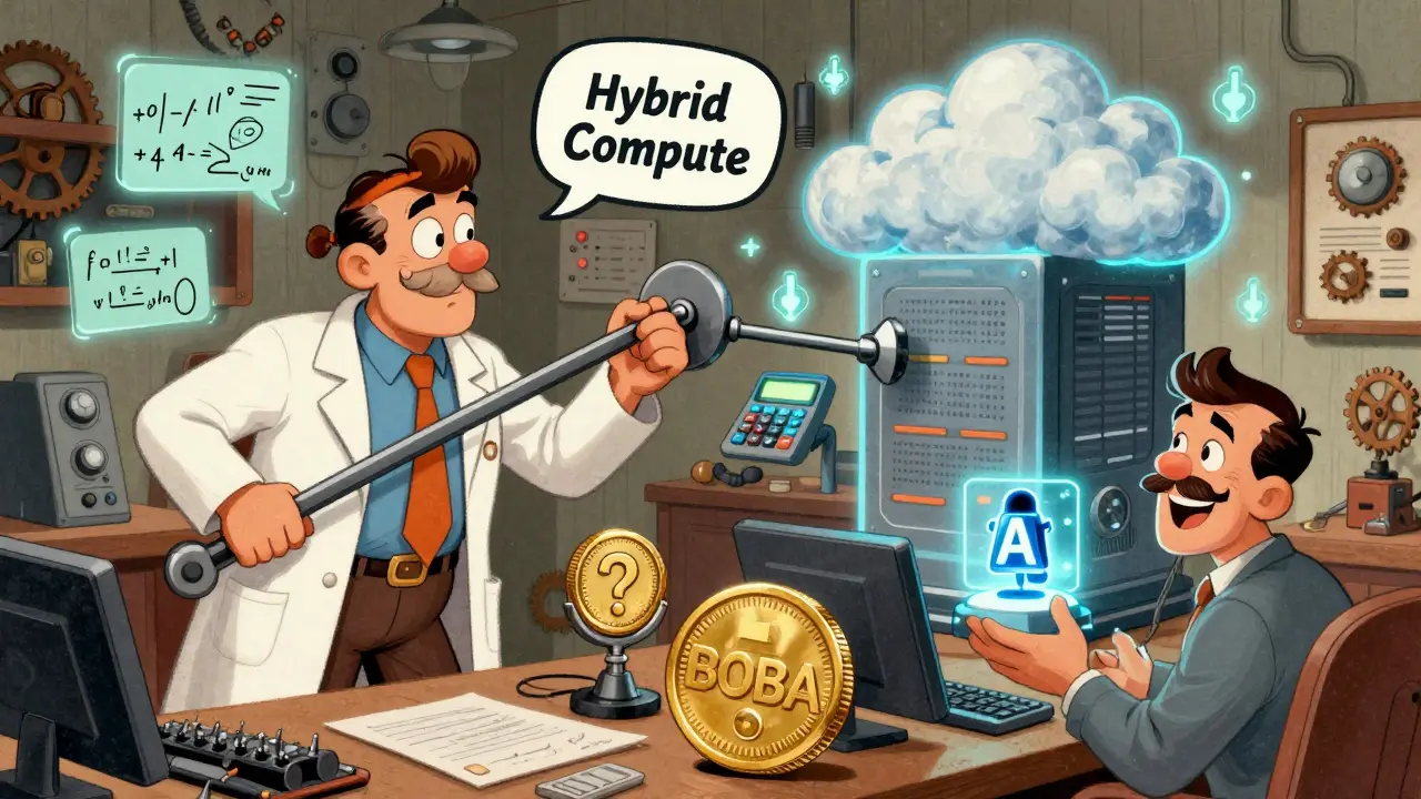 Inventor connecting a blockchain calculator to a giant cloud computer using a lever labeled Hybrid Compute.