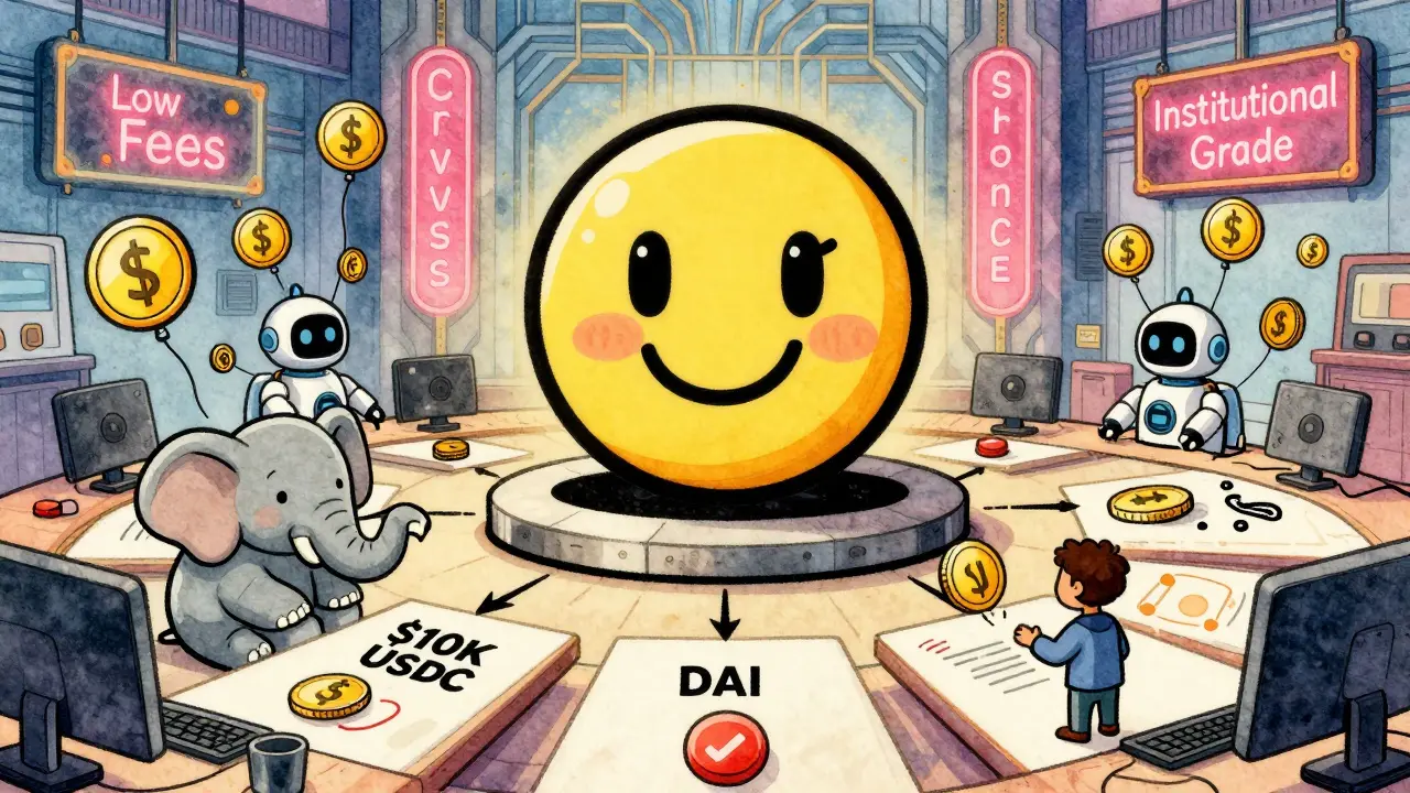 Retro-style DeFi hub with crvUSD balloons and PegKeeper bots stabilizing prices.