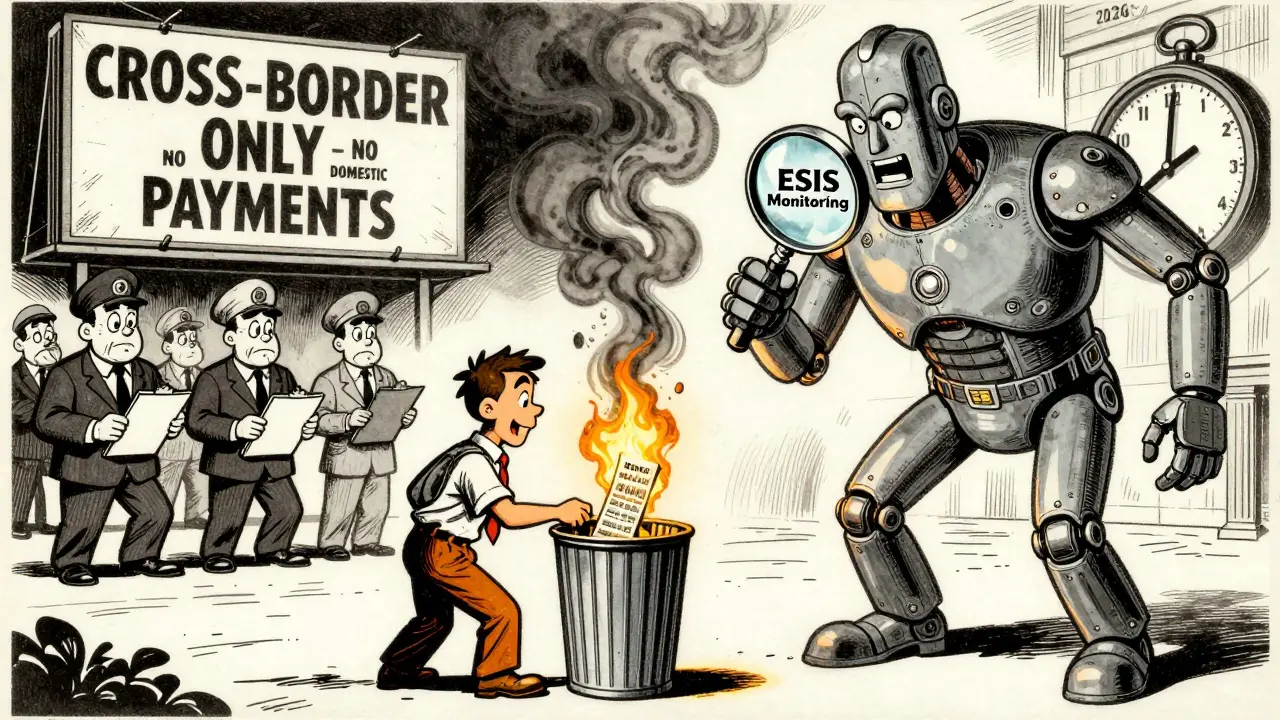 Small business owner burns crypto receipt as a robotic Central Bank figure watches with a magnifying glass.