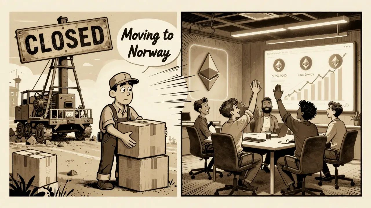 Split scene: a closed mining operation in Sweden vs. a thriving Ethereum staking startup in Stockholm.