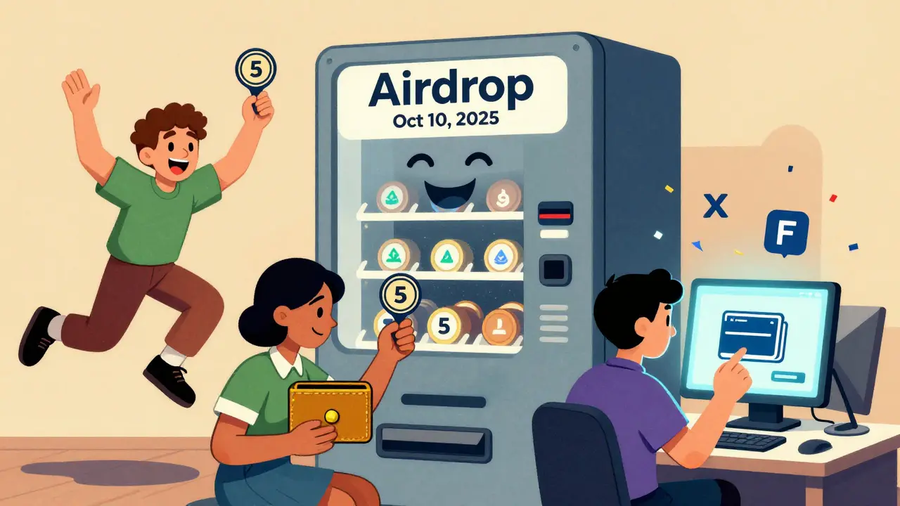 Stylized users receiving exactly 5 FLUX tokens from a vintage airdrop vending machine with CoinMarketCap badges.