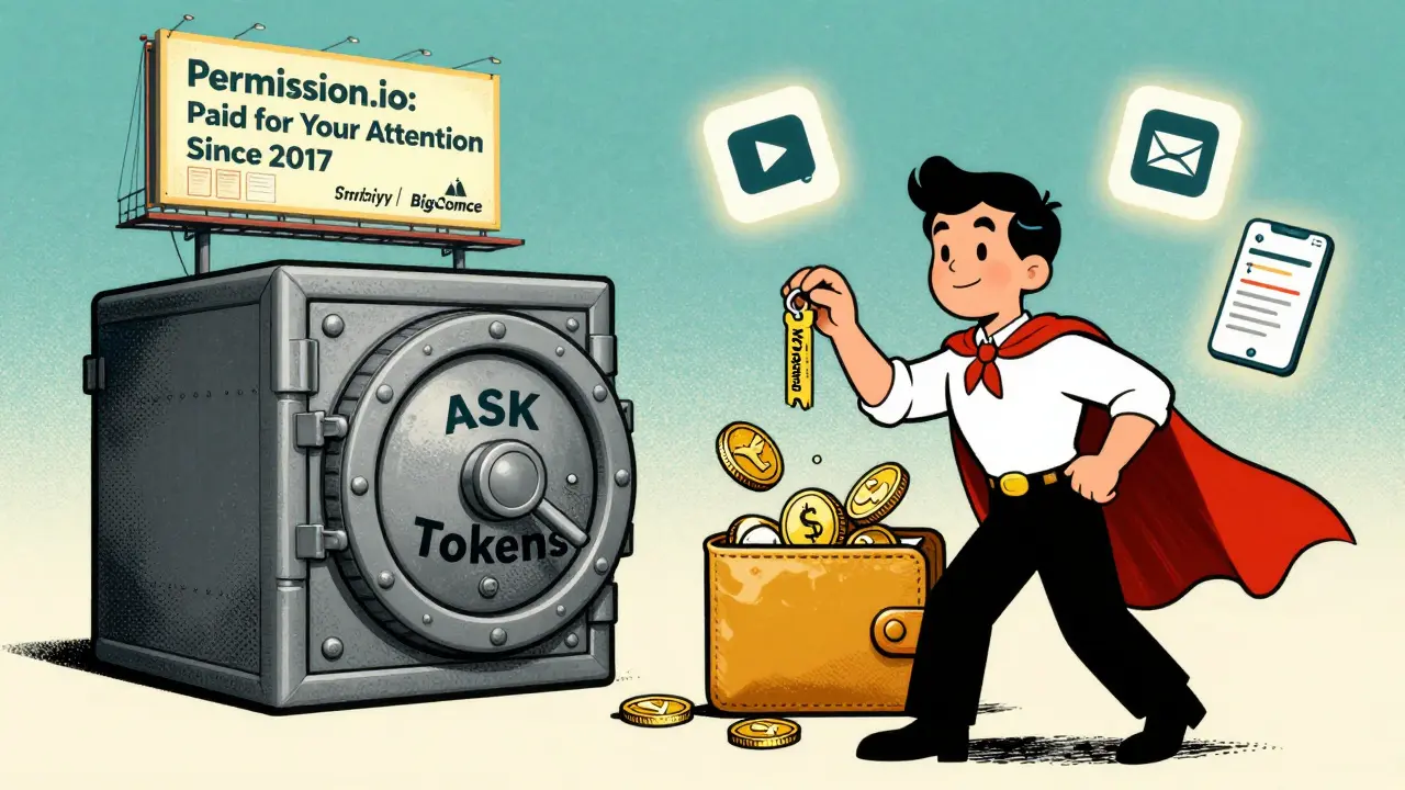 User unlocks ASK tokens with KYC key, surrounded by daily task icons and trusted brand logos