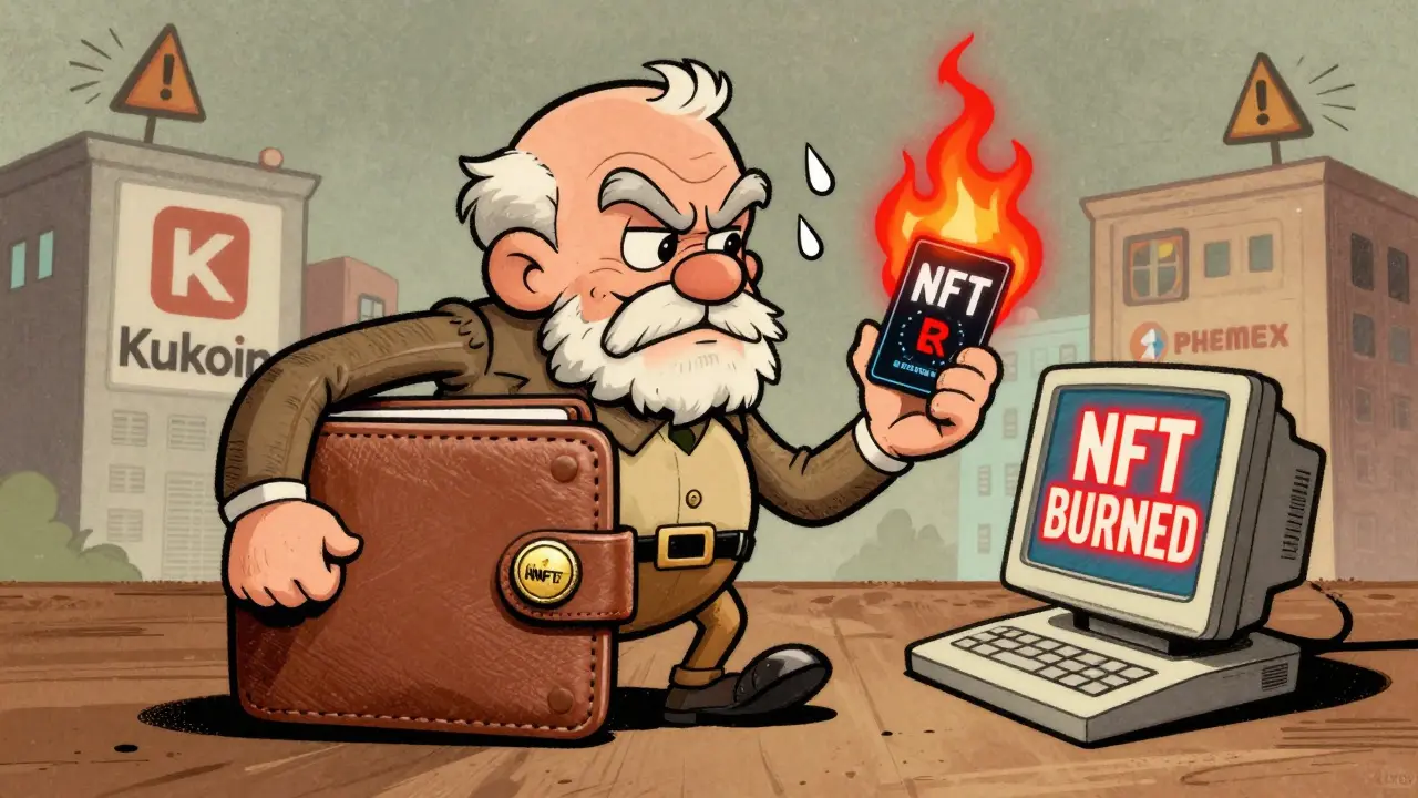 Wallet character watching an NFT burn while trading on KuCoin and Phemex, sweating in panic.