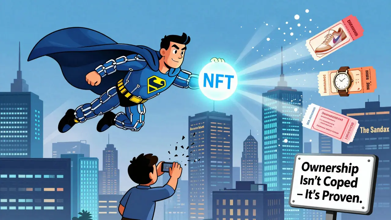 A blockchain superhero transforms real-world items into digital certificates, while a would-be copier fails to replicate ownership.