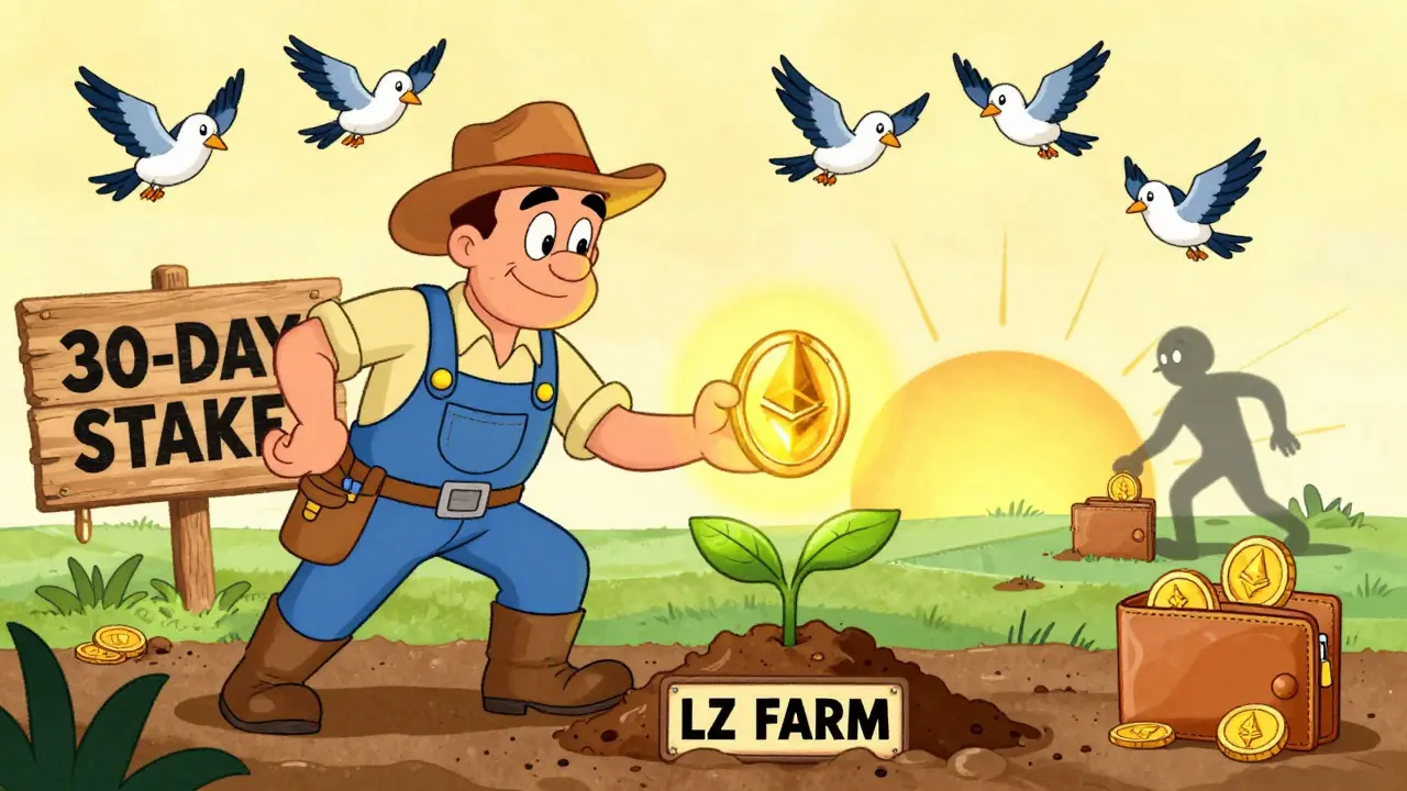 A cartoon farmer planting an NFT Unit in soil that grows $LZ coins, with a sneaky thief in the background.