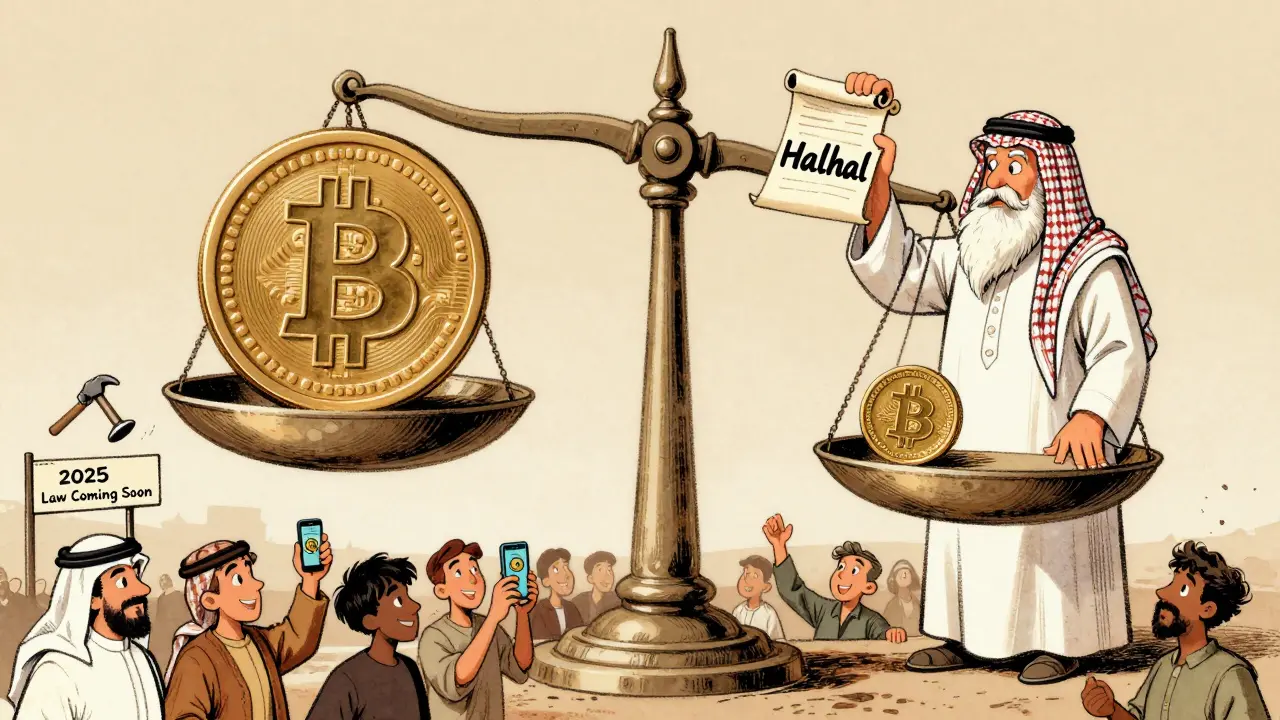 A cartoon scale balances Bitcoin and the Saudi riyal, with a religious scholar declaring crypto halal, while young people celebrate and a law sign looms in the distance.