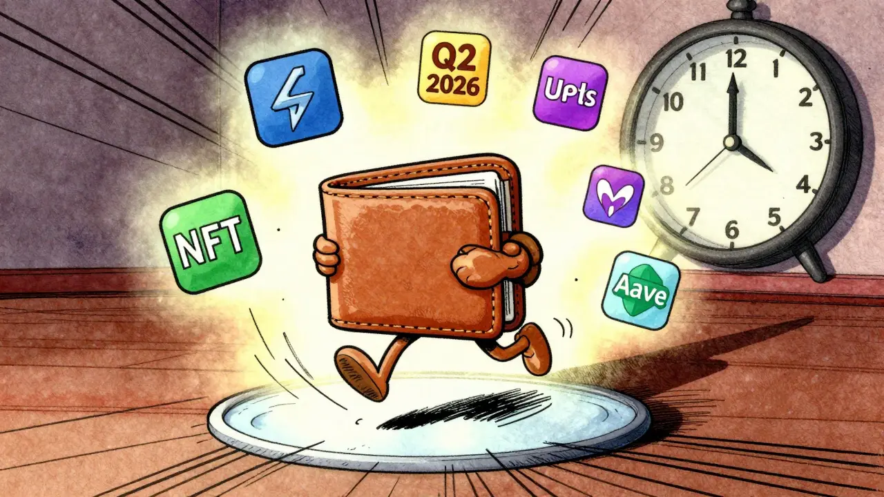 A cartoon wallet leaping into a Base network portal surrounded by crypto icons, with a clock ticking toward Q2 2026.
