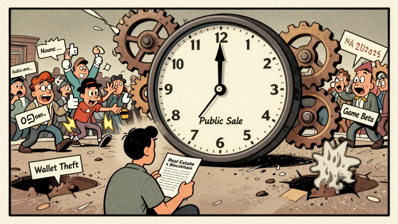 A clock ticks to November 2025 as a patient player reads a whitepaper, while others fall into scam traps in chaotic cartoon style.