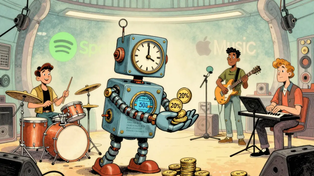 A clockwork robot smart contract distributing royalty coins to musicians in a futuristic studio.