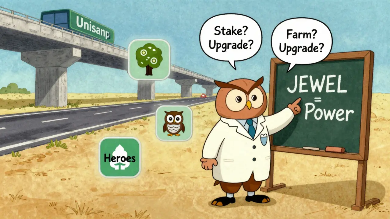 A confused user faces confusing DeFi icons while a wise owl explains JEWEL's role in a vintage cartoon style.