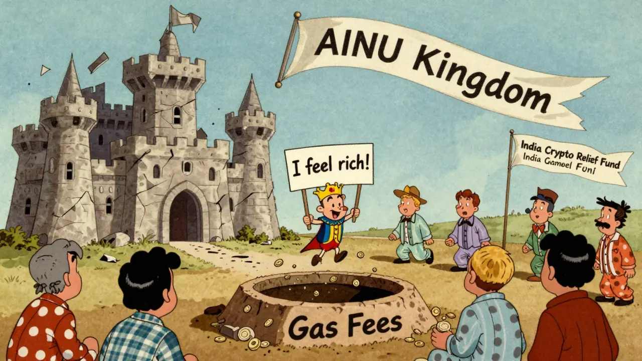 A crumbling kingdom of zeros ruled by a king who thinks he's rich, while tokens vanish into gas fees.