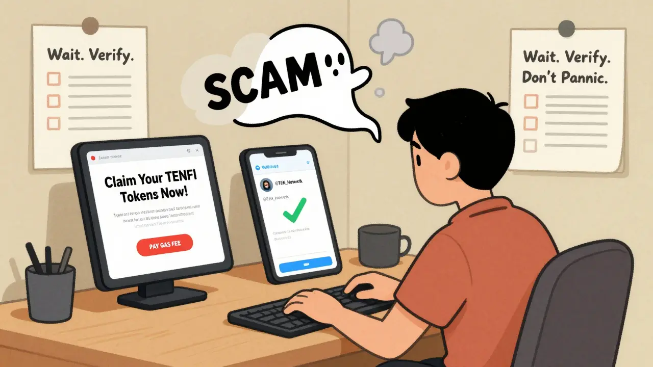 A crypto user comparing a fake airdrop webpage with a verified Twitter account, while a scam ghost fades away.