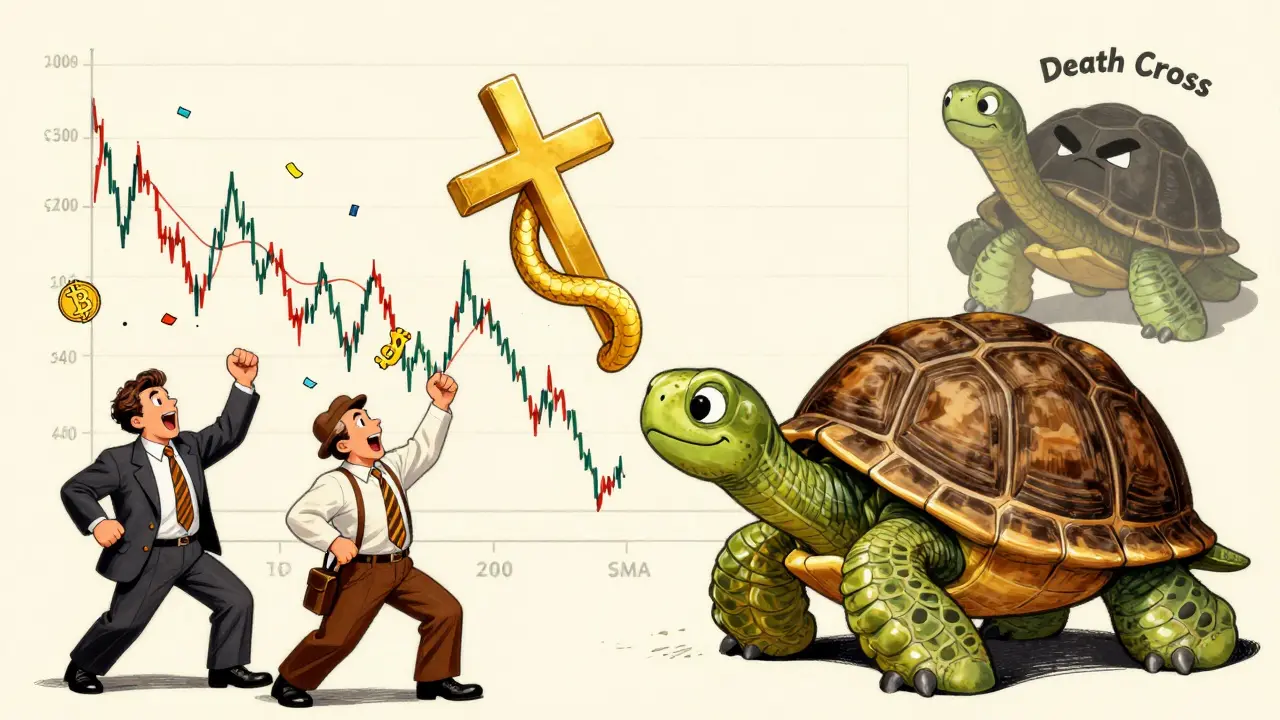 A fast-moving snake crosses over a slow turtle on a chart, symbolizing a golden cross, as traders celebrate.