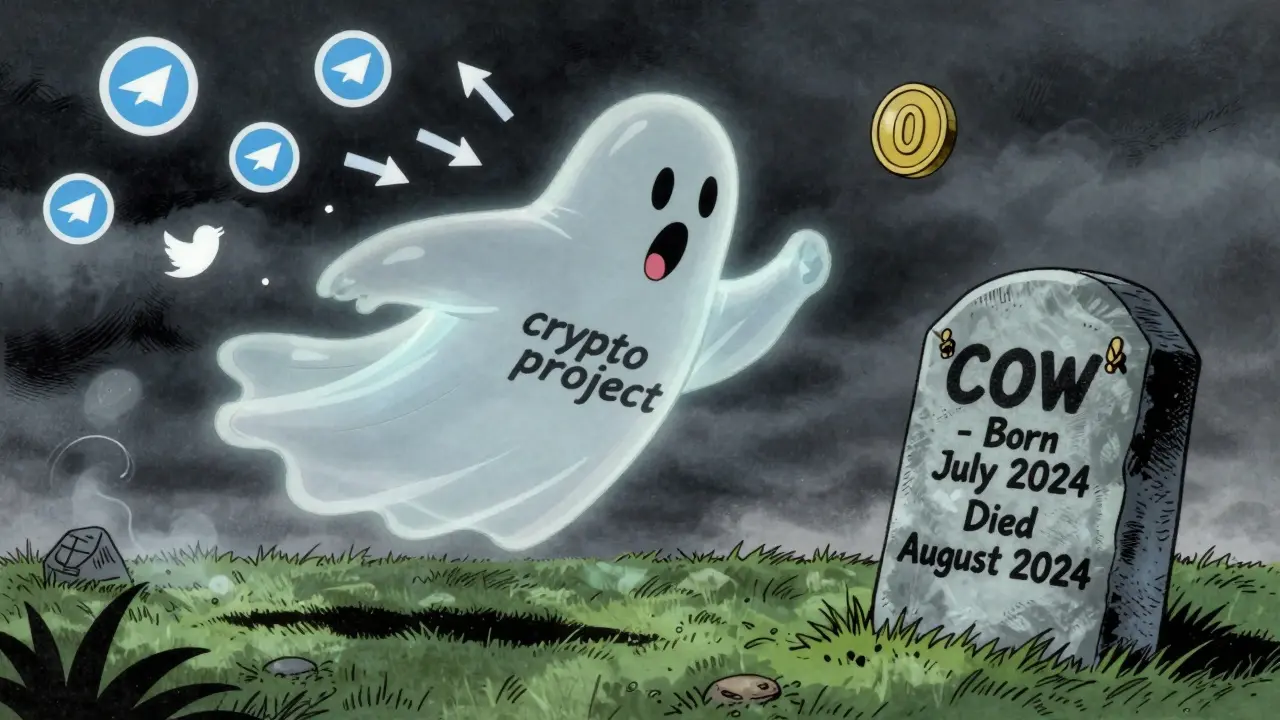 A ghostly crypto project fading away, leaving behind empty social media traces and a tombstone for COW.