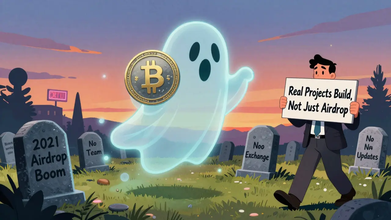 A ghostly OKFLY token floats over a crypto graveyard with abandoned project tombstones.