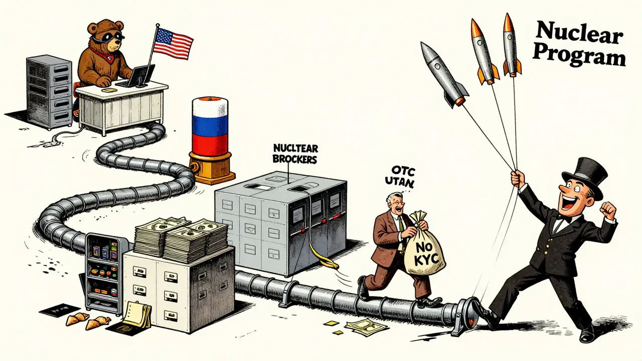 A global cartoon pipeline shows stolen crypto moving from U.S. firms through Russia, China, and UAE brokers to fund North Korean missiles.