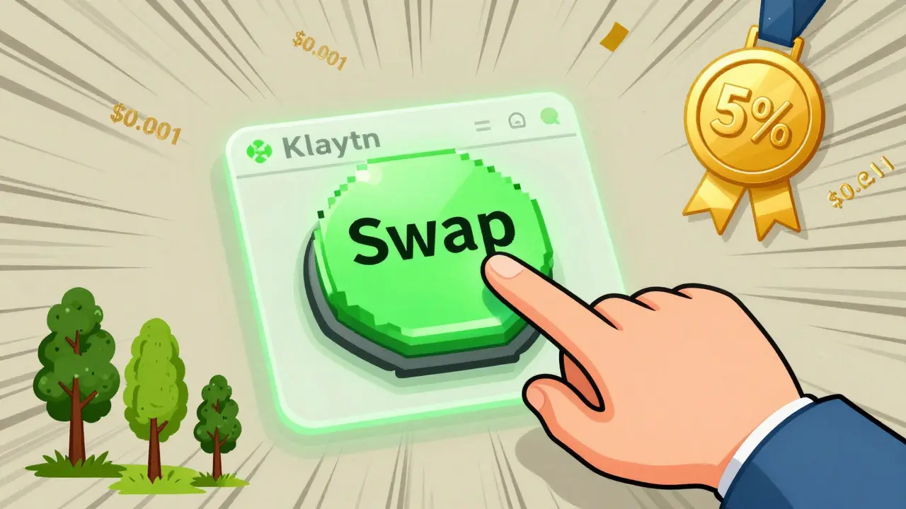 A hand clicks a swap button as trees grow and fees fly as confetti on the Klaytn network.