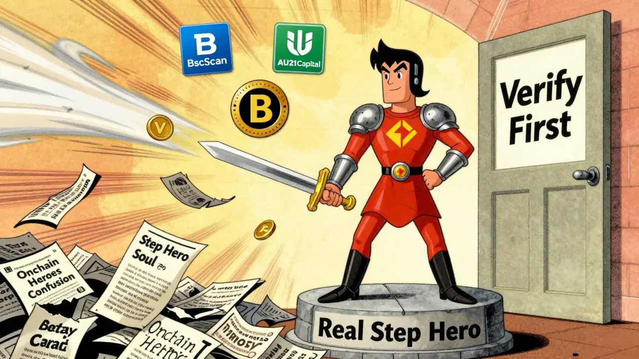 A hero standing proudly with HERO tokens as fake airdrop flyers blow away, surrounded by official verification badges.