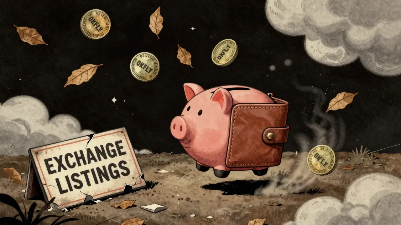 A lone wallet surrounded by fading OKFLY tokens drifting away in empty space.