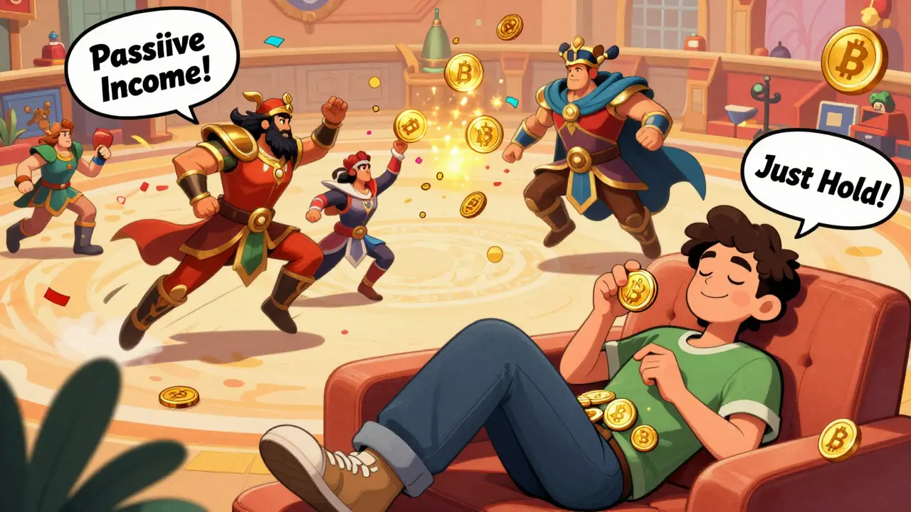 A relaxed player earns BNB passively while epic 3D battles rage around them.