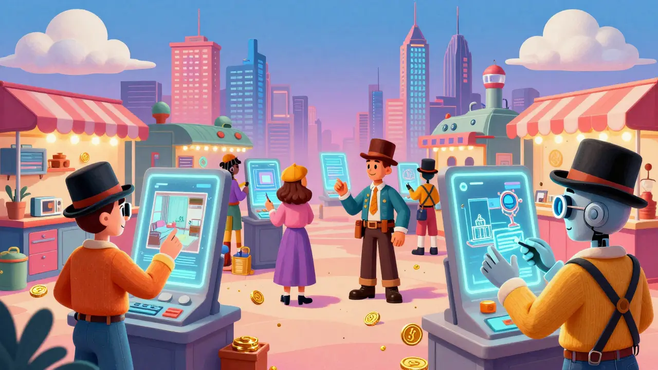 A retro-futuristic marketplace where creators upload real-world 3D scans and AI clients pay with sparkling JOJO coins.