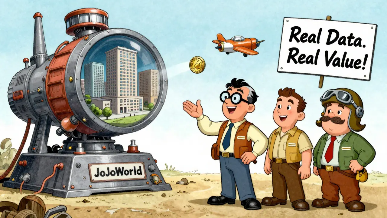 A team of engineers operates a giant machine that converts physical spaces into digital data, with a JOJO token flying out like a plane.