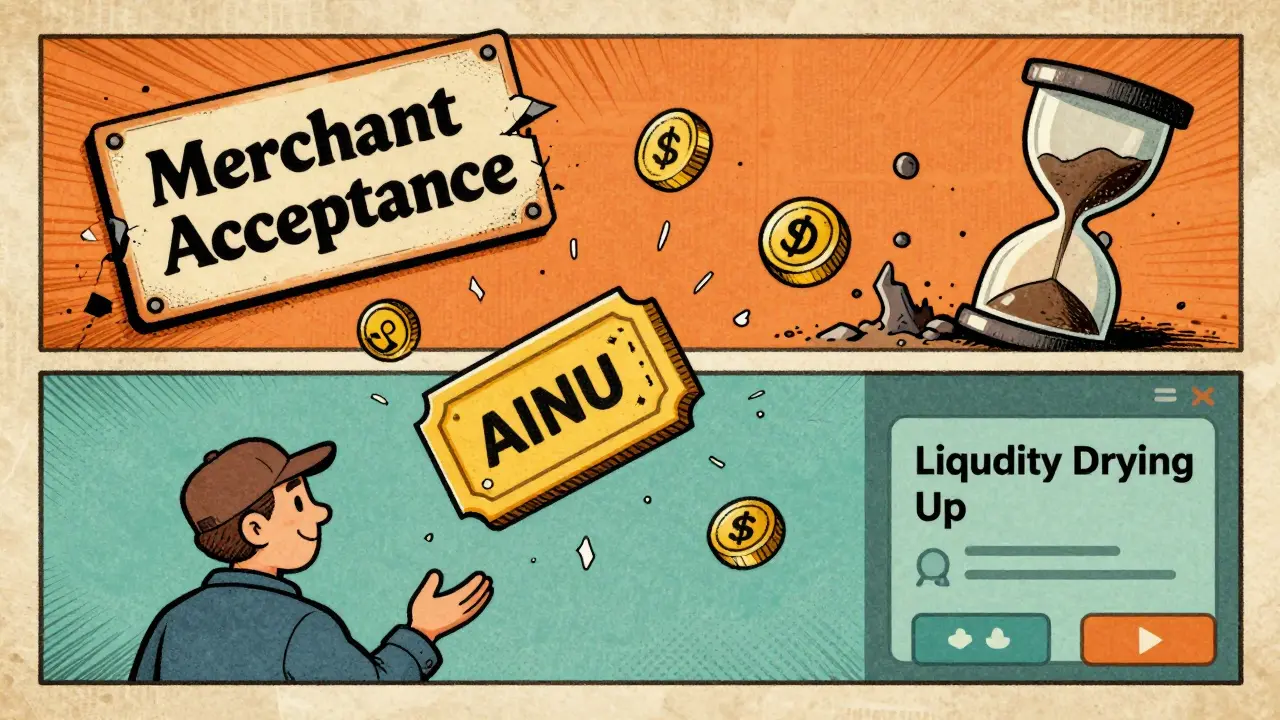 A trader surrounded by floating AINU tokens shaped like lottery tickets, as liquidity drains away.