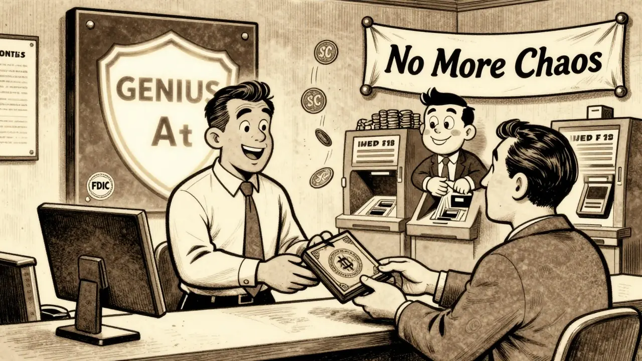 A U.S. bank teller handing a crypto wallet like a passbook, with GENIUS Act and Fed symbols in background.