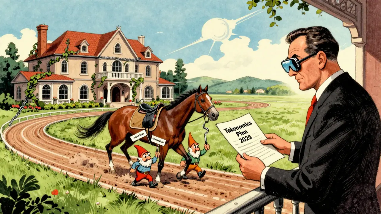 A virtual horse races on a digital track connected to a real mansion, while scam gnomes try to steal it, as an investor watches calmly.