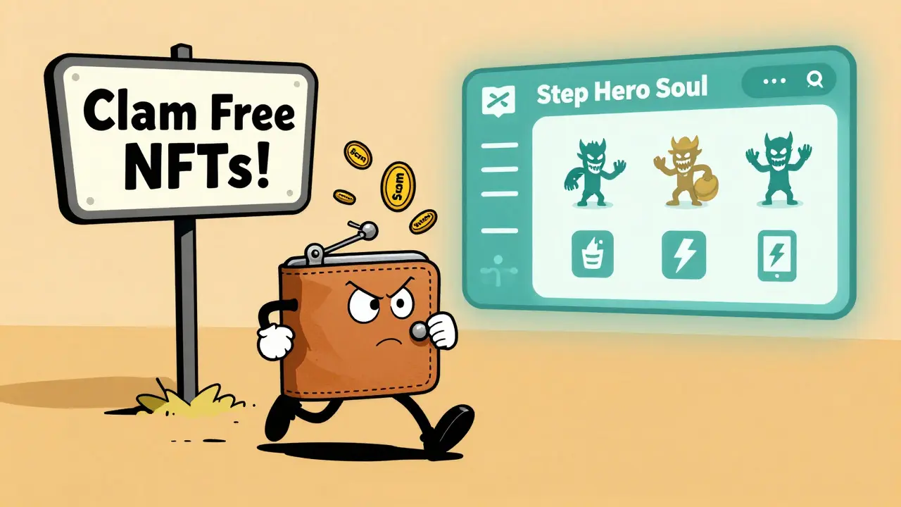 A wallet running from a scam website sign while a peaceful Step Hero marketplace glows safely in the distance.