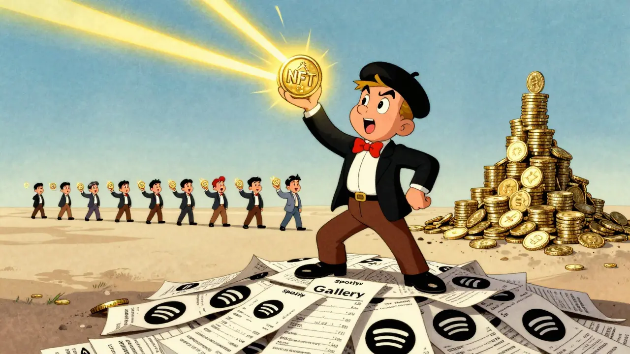 An artist stands on discarded industry logos, holding a glowing NFT that generates endless royalty payments.