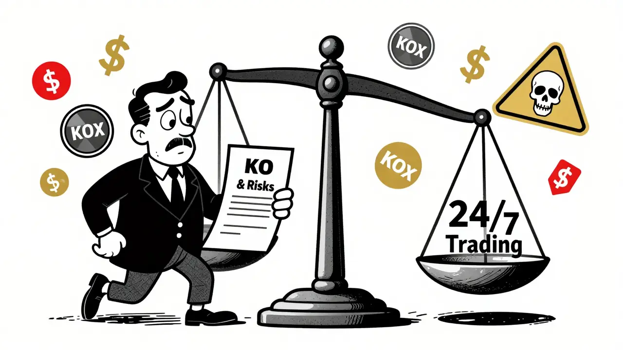 An investor comparing a paper stock certificate with a floating KOx token, surrounded by icons of fees, no dividends, and warning signs.